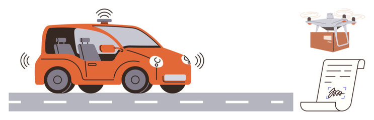 Self-driving car on the road, quadcopter delivering a package, and a signed digital contract. Ideal for technology, automation, logistics, innovation, e-commerce AI future mobility. Minimalist flat