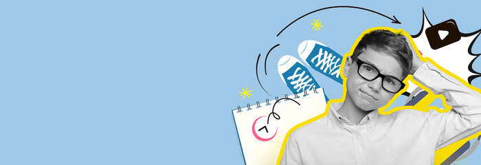 A child stands in a light blue setting, looking pensive while surrounded by colorful doodles and objects, such as sneakers and notes, reflecting creative thoughts and ideas.