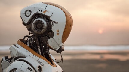 Futuristic robot profile portrait on beach transparent background with sunset