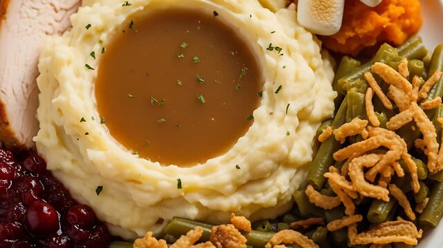 A festive holiday plate filled with delicious turkey mashed potatoes gravy cranberries yams green beans and onions
