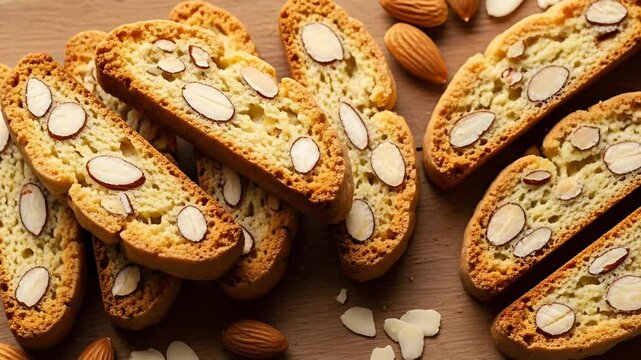 Crisp almond biscotti sit atop a wooden board inviting a delightful snacking experience their golden hue hinting at baked perfection