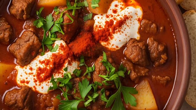 Hearty meat stew served with bread garnished with sour cream paprika and parsley in rustic setting tempting taste buds