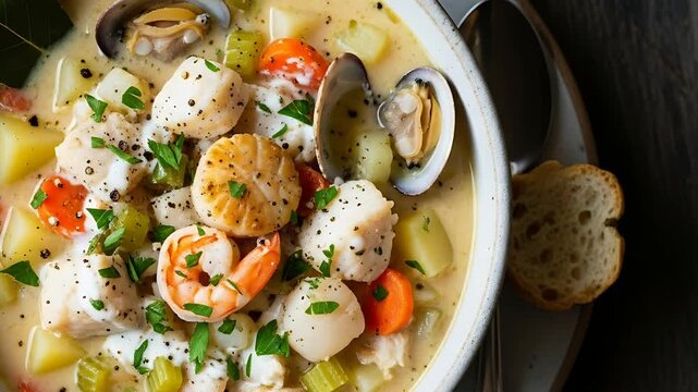 Delicious seafood chowder featuring scallops clams shrimp and fish in a creamy broth with vegetables and spices bay leaf garnish