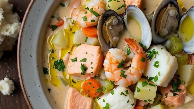 A hearty bowl of creamy seafood chowder filled with salmon shrimp clams and vegetables Served with crusty bread on the side