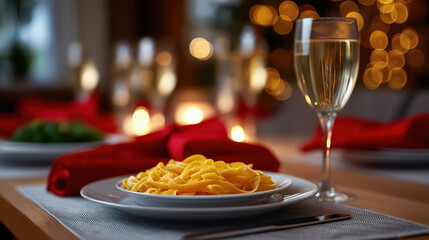 Dinner setting with pasta and wine in warm, festive atmosphere
