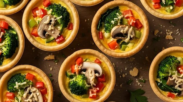 Top - down view of several mini quiches with flaky crusts and a variety of colorful toppings sitting on a rustic wooden surface