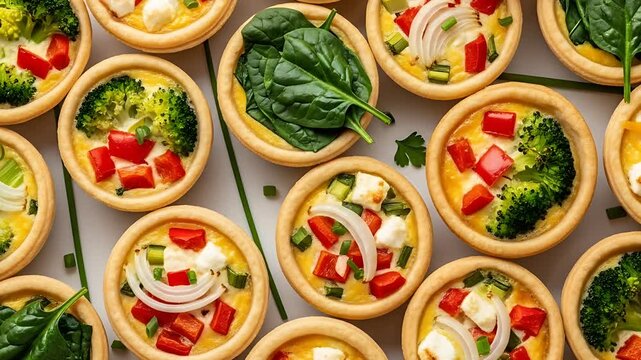Assorted mini quiches on a plate with spinach broccoli peppers onions and various cheeses filling the savory tarts