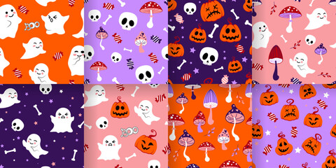 A set of 8 vector abstract seamless cute Halloween patterns. Images of pumpkins, ghosts, skulls, and candies. Vector
