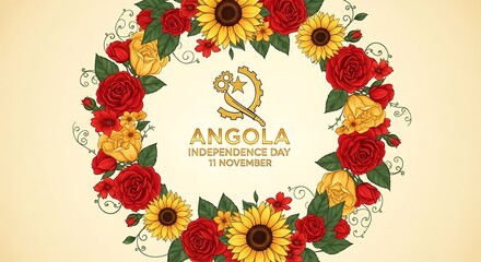 Angola Independence Day Floral Wreath with Emblem, Roses, and Sunflowers