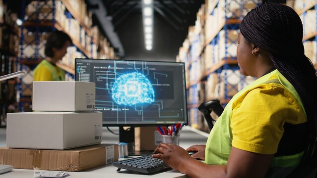 Young woman scanning barcodes with AI automation systems to handle warehouse operations, managing tracking software service. Shipment details on labels in busy distribution hub. Camera A. - Powered by Adobe
