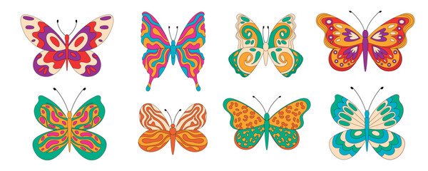 Groovy retro butterfly set in psychedelic abstract doodle style. Funky and colorful groovy element collection with floral and y2k vibe. Modern pattern adds playful vintage charm, ideal for trendy