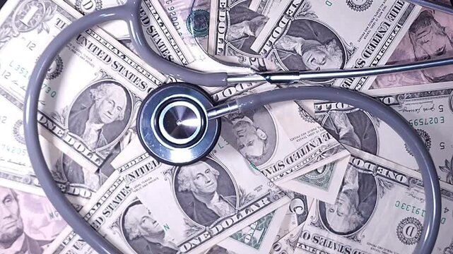 The economics of health. A doctor's stethoscope on a rotating dollar bill
