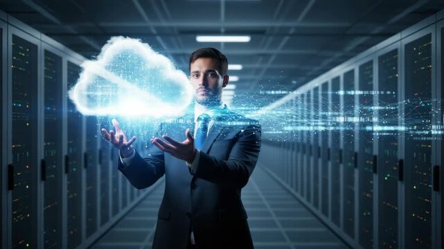 man in suit stands in server room holding glowing digital cloud with data streams flowing outwards Rows of illuminated server racks line the background connectivity and technology