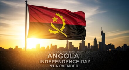 Angola Independence Day: Flag Waving Over Cityscape at Sunset