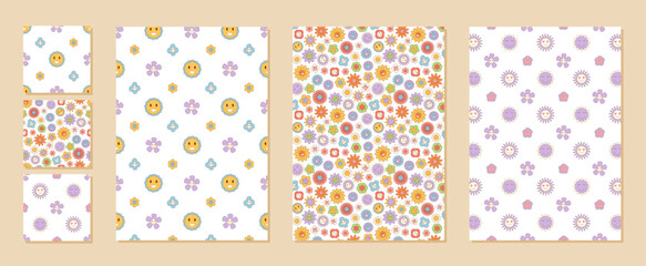 Groovy retro seamless floral pattern set in colorful style. Background with happy daisy, flower and smiley detail for y2k theme. Perfect for vintage wallpaper, cheerful print or creative summer