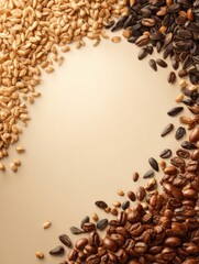 Various Grains and Coffee Beans Arranged in a Circular Pattern With a Neutral Background Highlighting Their Textures and Colors