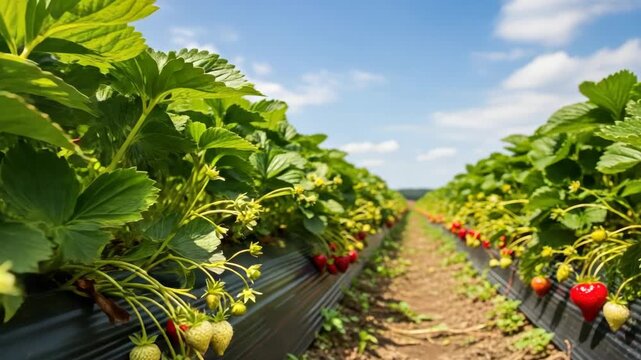 Vibrant strawberry rows stretch under blue cloudy sky Lush green plants bear ripe red and unripe green fruit with white flowers on dark mulch A dirt path recedes into the distance