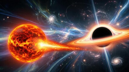 fiery orange star launches bright plasma jet towards massive black hole its intense accretion disk swirling Deep space filled with stars nebulae and galaxies in warp - Powered by Adobe