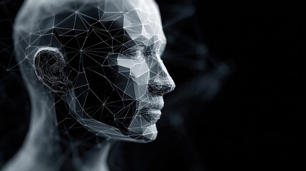 Digital human face with network structure in profile against transparent backdrop