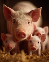 Mother pig nursing adorable pink piglets  ultradetailed image
