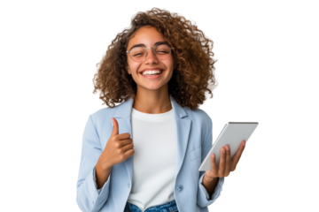 Young female student smiling while holding a tablet with thumbs up