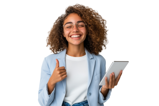 Young female student smiling while holding a tablet with thumbs up