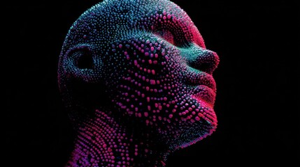 Abstract digital human head silhouette with colorful dots over a transparent backdrop