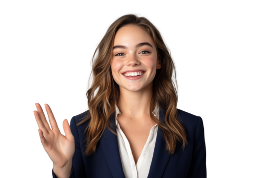 young businesswoman pointing away and looking at camera with smile, standing cut out, PNG