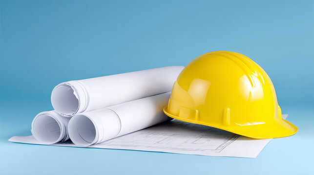 Yellow hard hat rests on blue background beside rolled architectural blueprints, symbolizing construction planning and safety in the building industry, showcasing essential tools for professionals - Powered by Adobe
