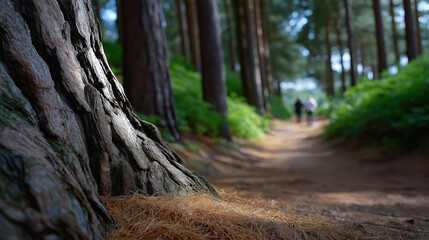 Couple walking on forest trail surrounded by tall trees and greenery