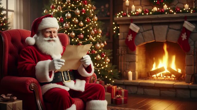 Santa Claus reading wish list by warm fireplace, Christmas tree twinkling, ready to deliver holiday joy, magical season, festive cheer, family traditions