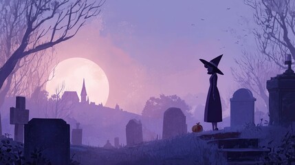 Purple gradient Halloween background illustration of witch standing in cemetary at night graves tombstone moon tree landscape holiday seasonal background