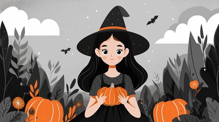 Halloween background of witch holding pumpkin bats flying in sky at night gray orange black cartoon happy cute fun vector illustration
