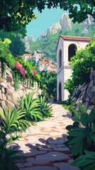 Naklejka premium A stone walkway with a house in the background