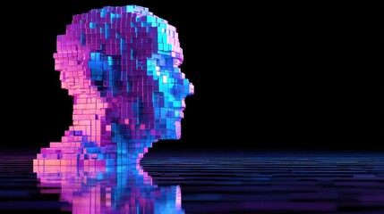 Abstract digital human head portrait with cube pixel art transparent background