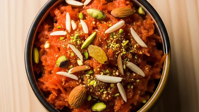 A vibrant bowl filled with orange dessert adorned with nuts The delicious treat visually appealing is ready to be savored with delight