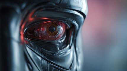 Close up of a mechanical eye with metallic textures and glowing details