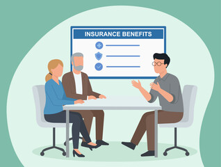 An insurance agent explains benefits to an elderly couple. This flat vector illustration shows financial planning, healthcare, and retirement security concepts