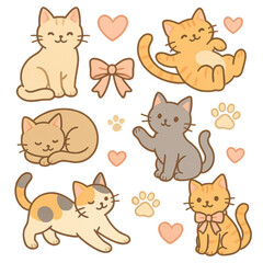 Adorable Valentine cats doodle collection with playful kittens hearts ribbons and sweet expressions a charming vector set perfect for cards stickers and festive merch