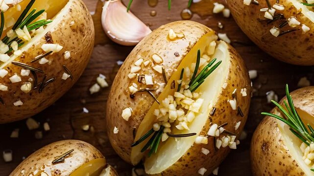 Baked potatoes adorned with garlic and rosemary presented on a wooden surface for a rustic and flavorful dish perfect for any occasion