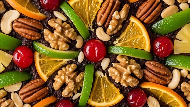 Festive fruitcake adorned with nuts cherries pineapple orange slices and green fruit a vibrant holiday treat Delicious dessert