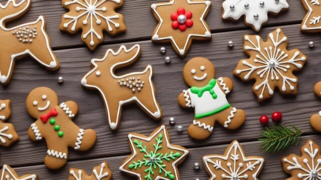Festive gingerbread cookies arranged on a rustic wooden surface perfect for holiday celebrations and sweet treats Delicious decorative and charming !