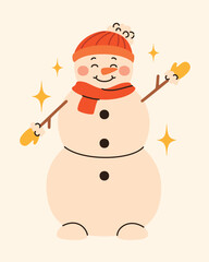 Cute snowman in a hat, scarf and mittens.
