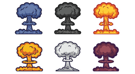 Colorful cartoon mushroom clouds depict explosions in varying shades and styles © Lhvect02