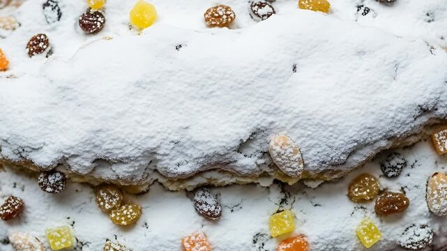 Holiday Stollen : A traditional German fruitcake dusted with powdered sugar candied fruits and nuts a festive Christmas treat