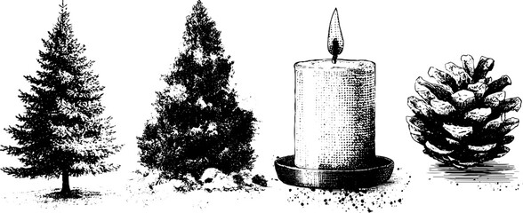 Vintage holiday decoration set with fir trees, candle, and pinecone for festive design