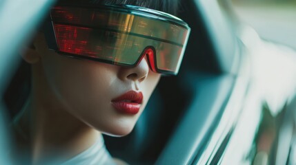 Woman with futuristic eyewear cinematic lighting transparent background