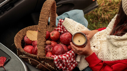 Autumn picnic scene with apples, candle, and cozy blanket in a car.