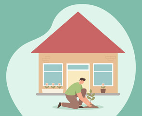 A man plants a sapling in his front yard, nurturing nature at home. This flat illustration symbolizes growth, care, and creating a green environment