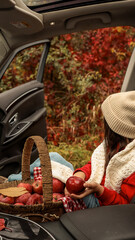 Autumn picnic in a car with apples and fall foliage